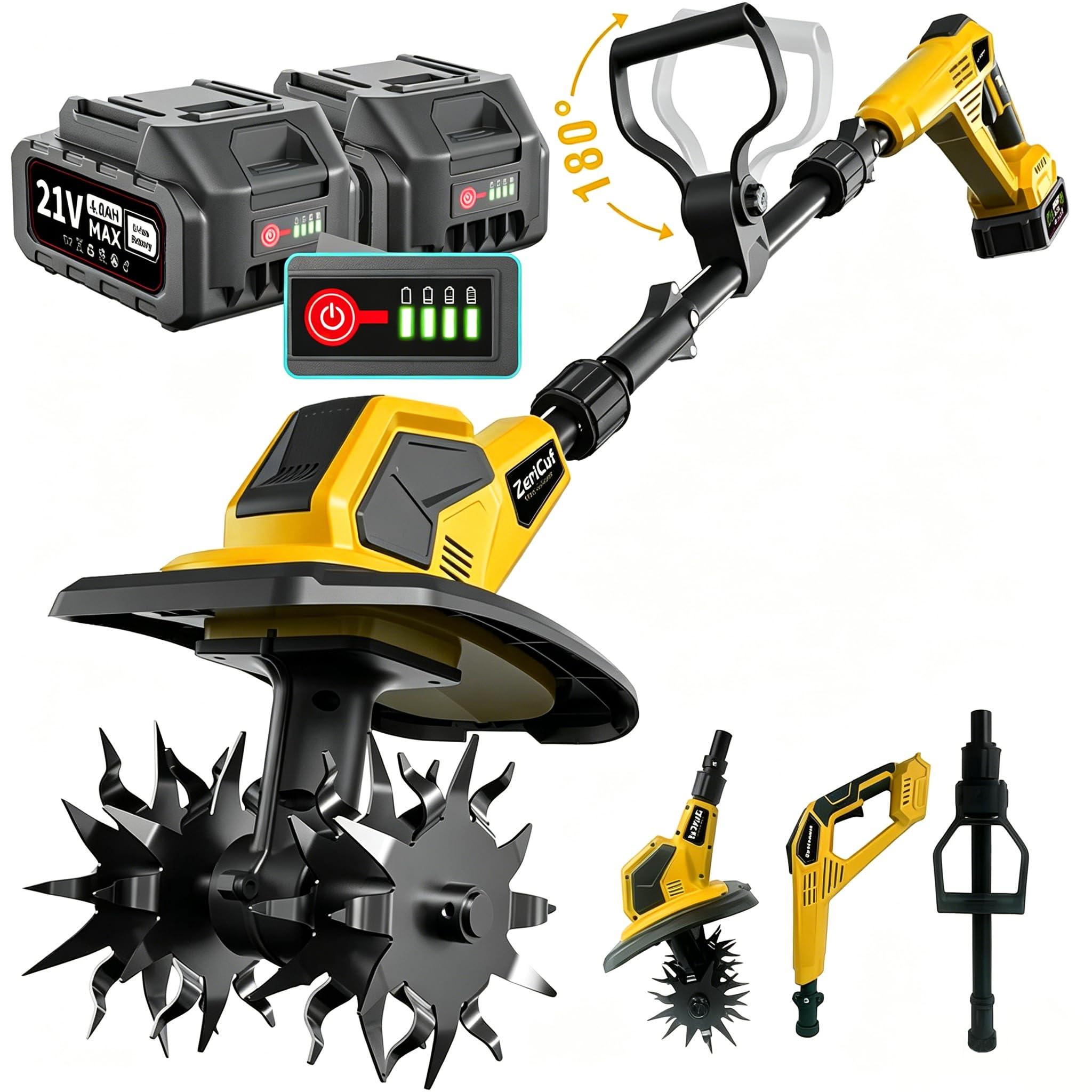 21V Cordless Garden Tiller with 8.0Ah Battery (2×4.0Ah + Charger) – 360RPM, 9" T