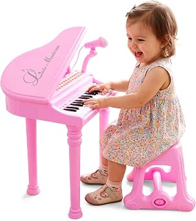 The Magic Toy Shop Pink Piano Keyboard for Kids with Stool & Microphone – 31 Keys, LED Lights, Playback, 22 Demo Songs – Small Electric Grand Piano – Musical Instruments for Children