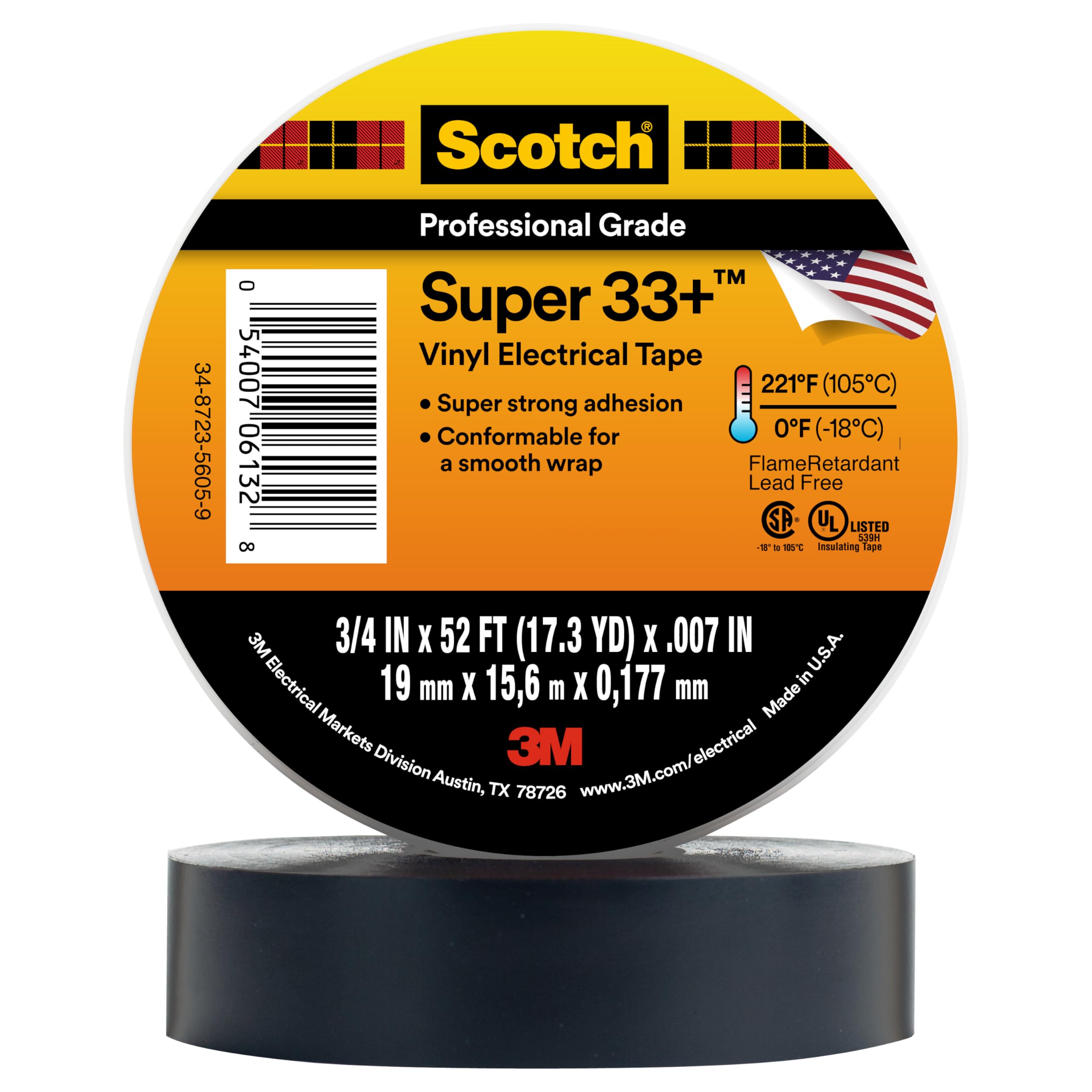 3M Scotch Super 33+ Electrical Tape, 3/4 in x 52 ft, 1 Roll, Black | Premium Gra