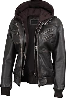 Decrum Real Lambskin Leather Bomber Jacket Women with Detachable Hood