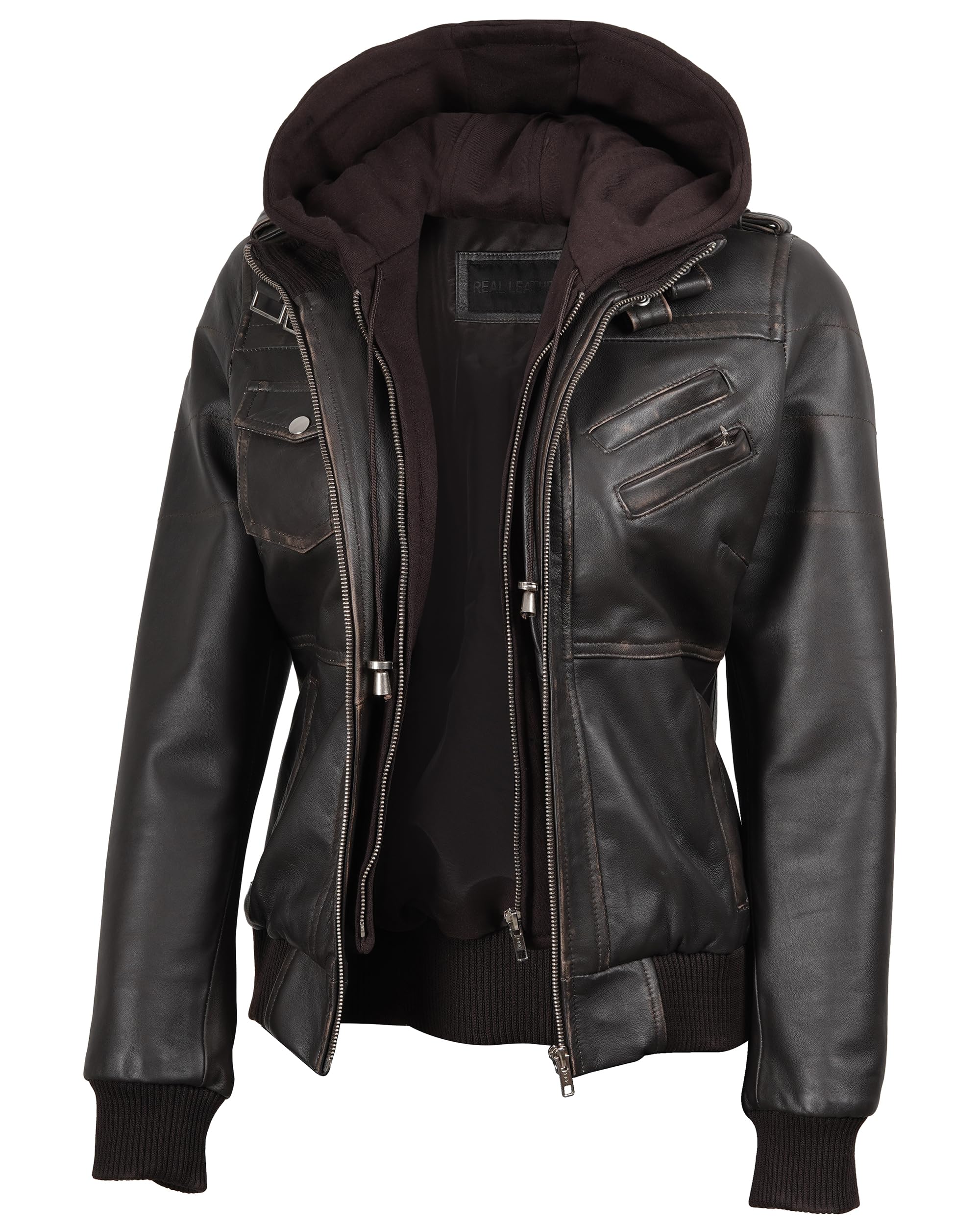 Decrum Real Lambskin Leather Bomber Jacket Women with Detachable Hood