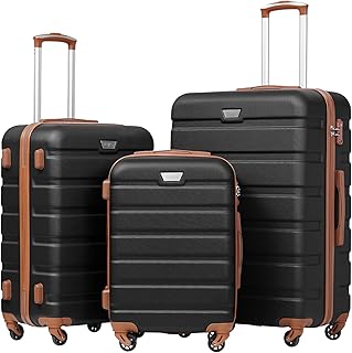 Coolife Luggage Set, 3 Piece Lightweight Durable Hardshell, Apricot Black | Suitcase Set with 360° Spinner Wheels, TSA-approved Lock, Checked Family Travel, 20/24/28 Inch