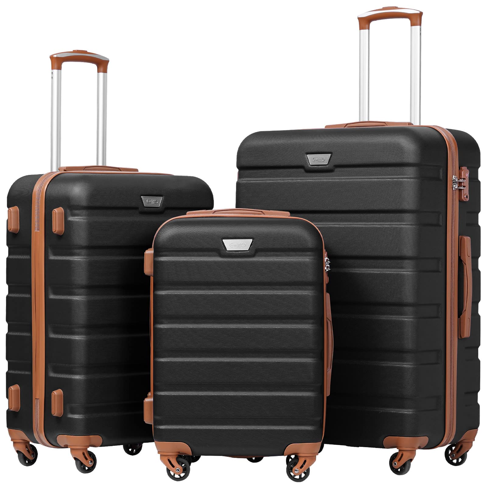 Coolife Luggage Set, 3 Piece Lightweight Durable Hardshell, Apricot Black | Suit