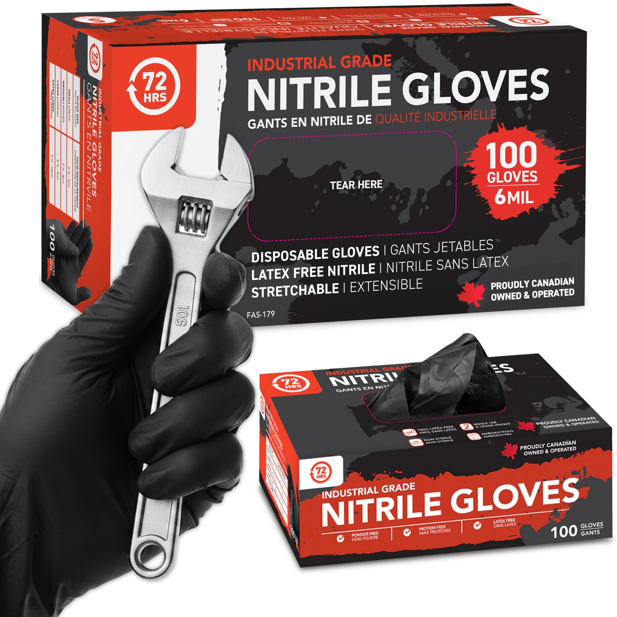72HRS Black Nitrile Gloves - 6 Mil Disposable Gloves | Rubber Mechanic Gloves, L