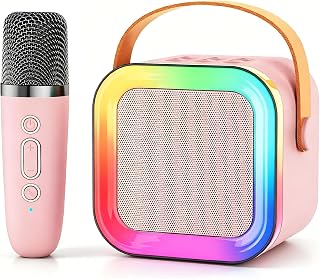 Mini Kids Karaoke Machine Ages 3-12, Wireless Mics Bluetooth Speaker, Pink | LED Party Lights, Voice Changer, Duets, BT 5.3, Rechargeable Portable, Birthday Christmas Toys & Gifts for Boys & Girls