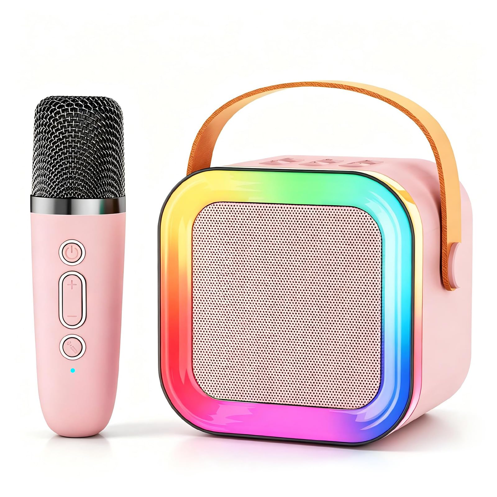 Mini Kids Karaoke Machine Ages 3-12, Wireless Mics Bluetooth Speaker, Pink | LED