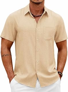 COOFANDY Mens Short Sleeve Button Down Shirts Casual Summer Shirts Linen Beach Shirt with Pocket