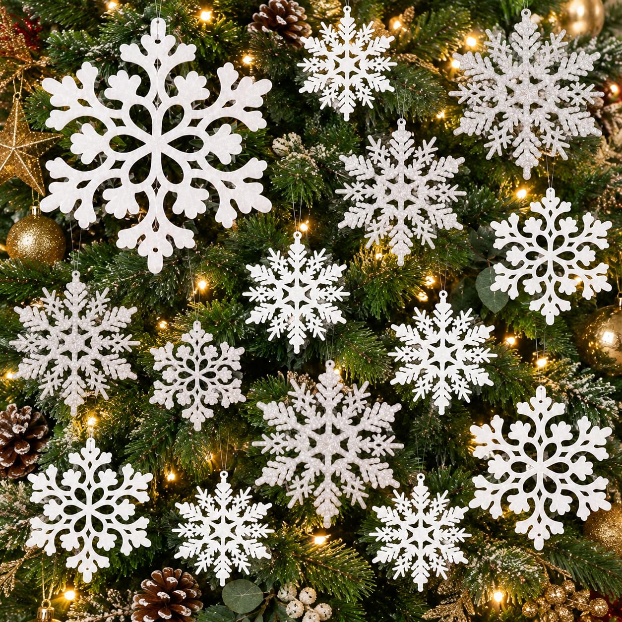 18 Pieces White Silver Snowflake Hanging Plastic Glitter Snowflakes Christmas Tr