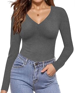 Ekouaer Chemises à Manches Longues pour Femme, col en V, Basique, légère, Couche de Base, ajustée, Thermique