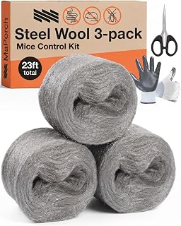 Steel Wool Mice Control 3-pc, Mouse Hole Filler, Scissors & Gloves, MaPorch | 22.5ft Total - Sharp, Strong & Expanding - Fits All Gaps - Immediate Install - Block Rats, Rodents, Bugs & Squirrels