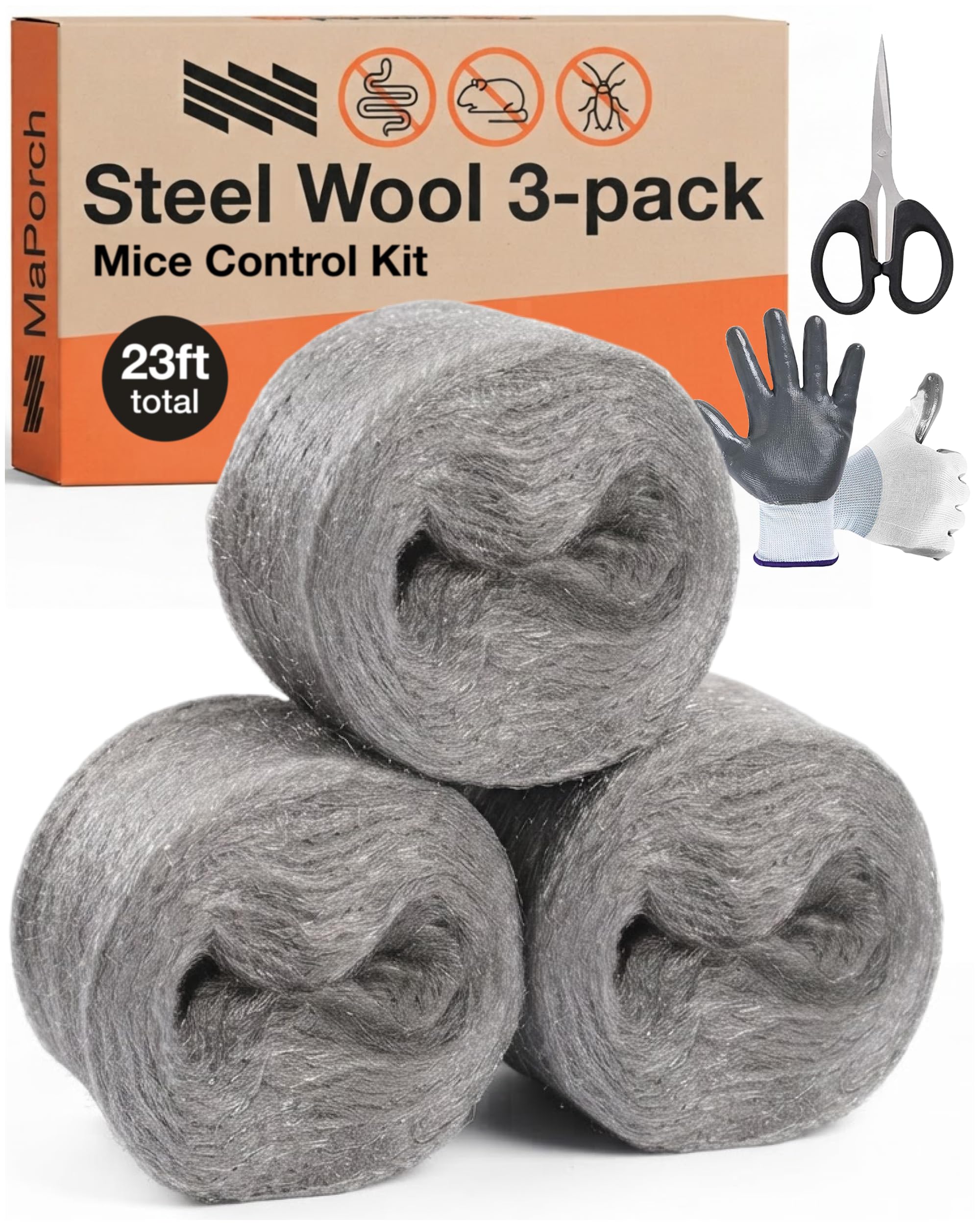 Steel Wool Mice Control 3-pc, Mouse Hole Filler, Scissors & Gloves, MaPorch | 22
