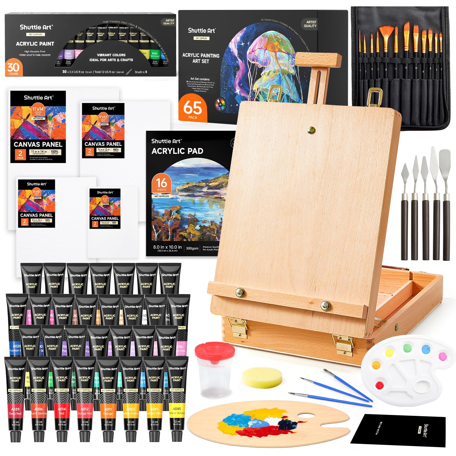 Shuttle Art 65 Pack Acrylic Paint Set with Wooden Table Top Easel Box