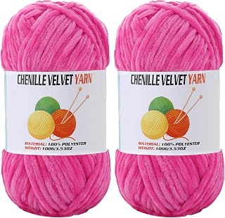 2 * 100g Velvet Chenille Chunky Yarn, Handcrafts Weaving Soft Chenille Yarn for Crocheting Clearance, Used for Making Baby Yarn Blanket, Clothes, Knitting Creations (Deep Pink)