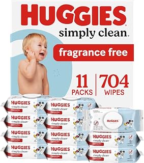 Huggies Simply Clean Baby Wipes, Unscented, 11 Packs, 704 Wipes | Fragrance Free, Soft &amp; Strong, Everyday Cleanup, Thick &amp; Absorbent, No Harsh Irritants, 1-Handed Dispensing