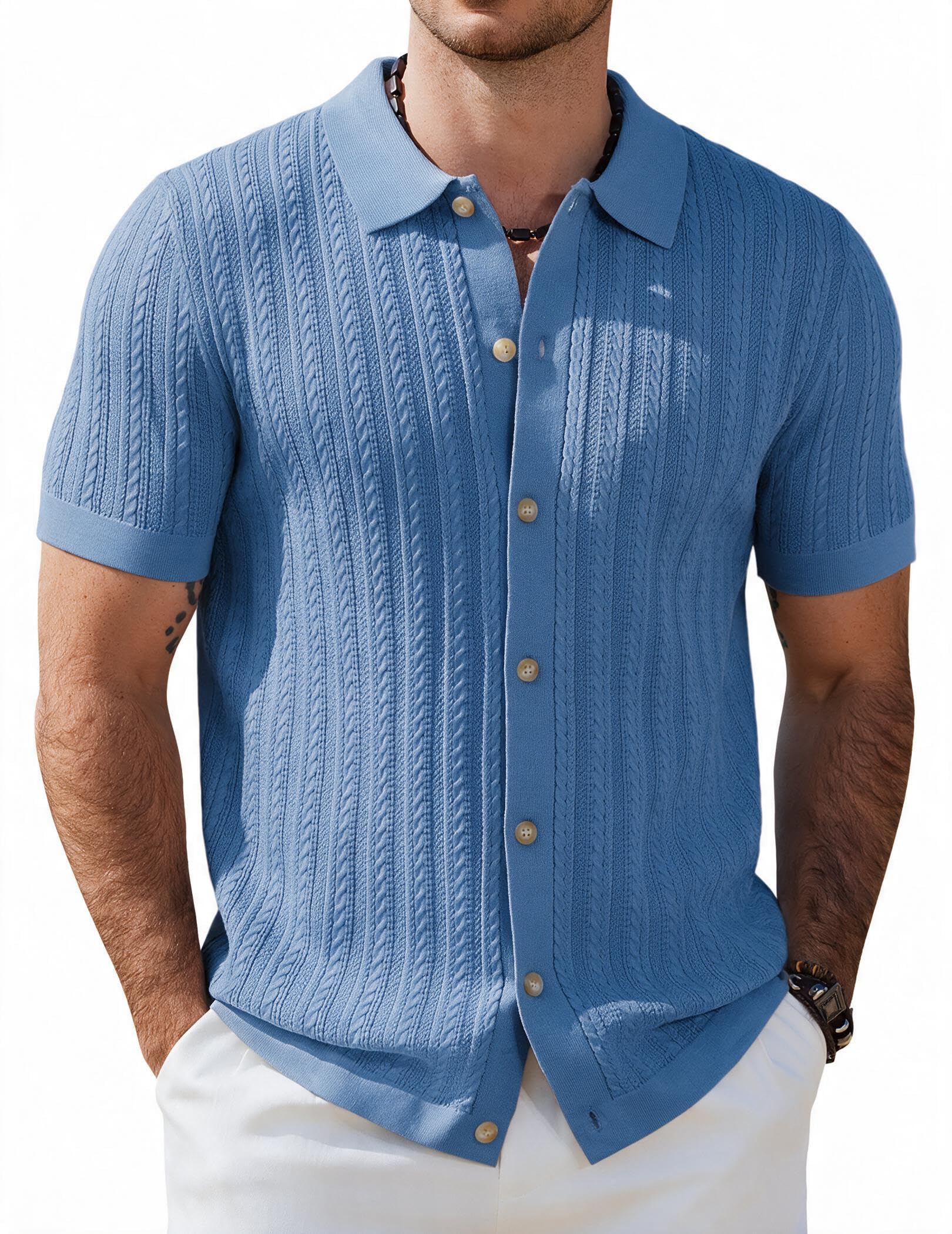 COOFANDY Men's Short Sleeve Knitted Button Collar Twist Polo Shirt for Summer Go