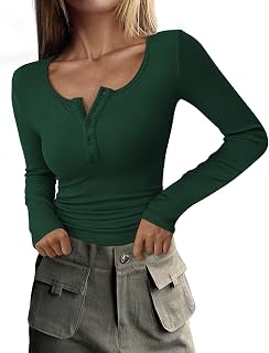 PRETTYGARDEN 2025 Spring Autumn Long Sleeve Henley T Shirt for Women Button Ribbed Slim Fit Casual Basic Top Blouse
