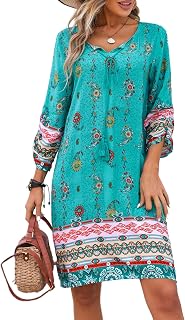 Zeagoo - Women's Summer Dress, Bohemian Flowers, 3/4 Sleeve, azure