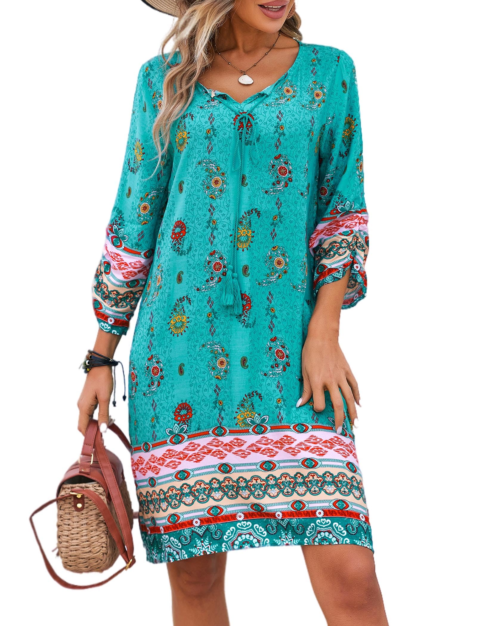 Zeagoo - Women's Summer Dress, Bohemian Flowers, 3/4 Sleeve, azure