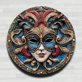 Round Aluminum Venetian Mask Wall Plaque Decorated with Gold Detailing Blue Red Vintage Rustic Aluminum 8 Inch Gift and Decoration for Home Office Bar Yard
