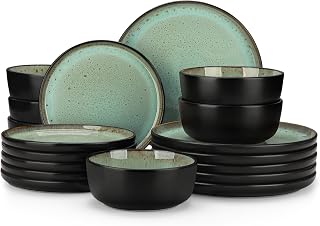 vancasso AMBER Series Complete Dinnerware Set for 6 People, 18 Stoneware Pieces – 6 Dinner Plates, 6 Dessert Plates and 6 Cereal Bowls – Dishwasher Safe, Green Reactive Enamel