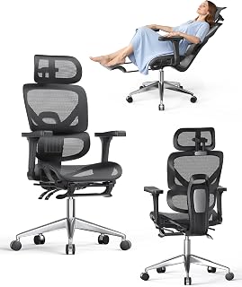 naspaluro Ergonomic Office Chair, Desk Chair Armrests 3D Headrest, High Mesh Backrest, Lumbar Support, Footrest, Computer Swivel Chair for Home Office, Work and Gaming - Black