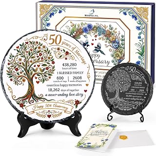 7.9" Ideas Golden Life Tree 50 th Slate Plate, Unique 50th Gifts Wedding Anniversary for Parents, Husband, Wife, Couples from Daughter, Son with Gift Box, Card, Envelope, Coaster, Stand