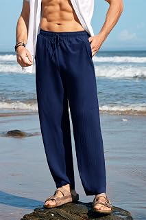 Pantalones harén de lino para hombre, cintura elástica con cordón, ajuste holgado, casual, para yoga, playa, con bolsillos