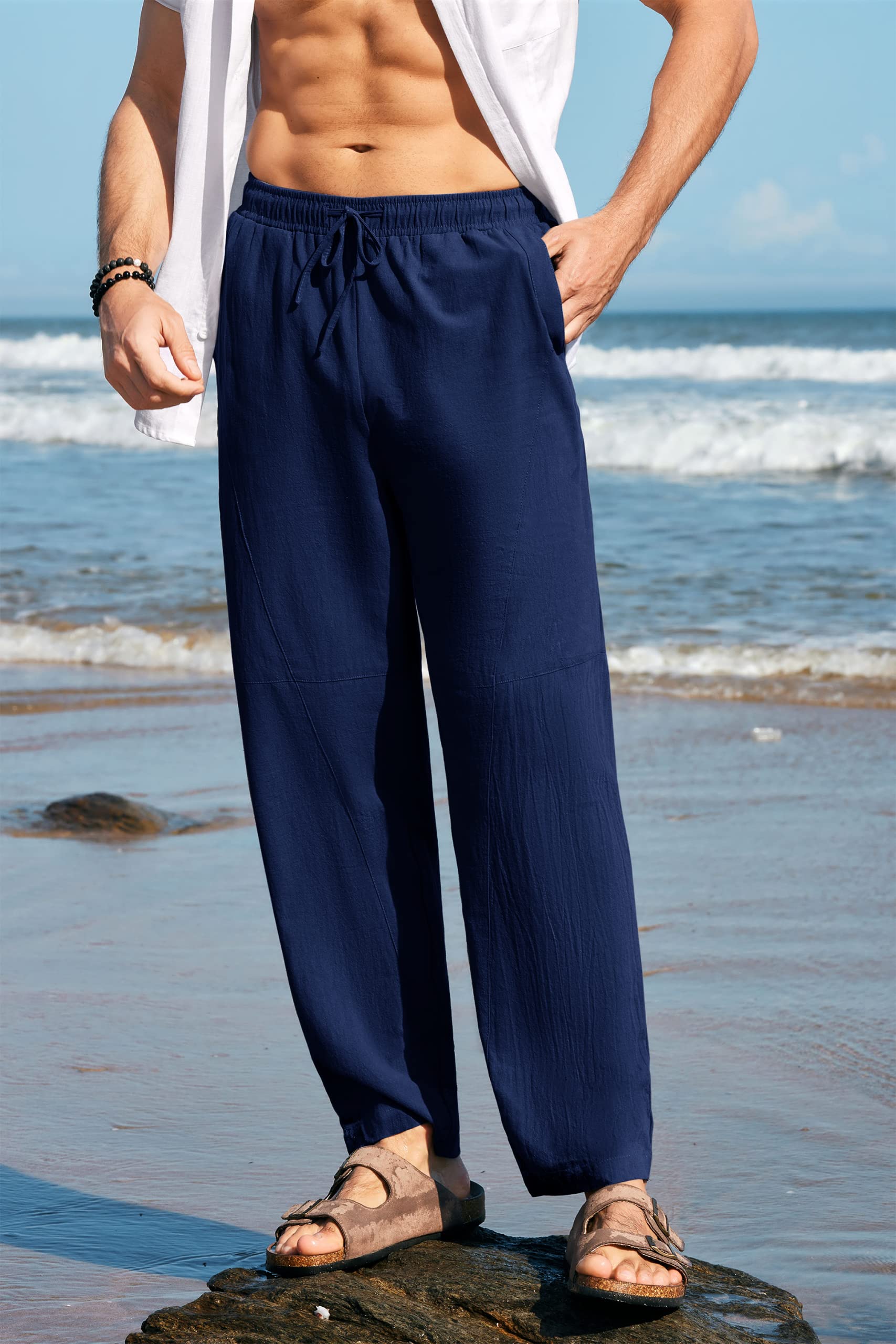 Pantalones harén de lino para hombre, cintura elástica con cordón, ajuste holgad
