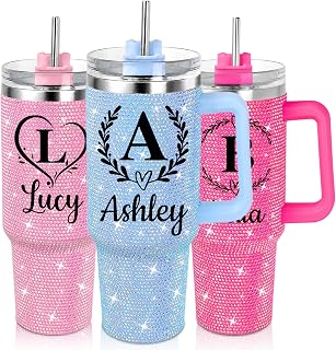 Elemtansy Personalized Rhinestone Bling 40 Oz Tumbler with Handle for Women | Custom Name & Birth Flower | Insulated Stainless Steel | Cold 12h | Bling Finish | Christmas Birthday Gifts for Women Girls