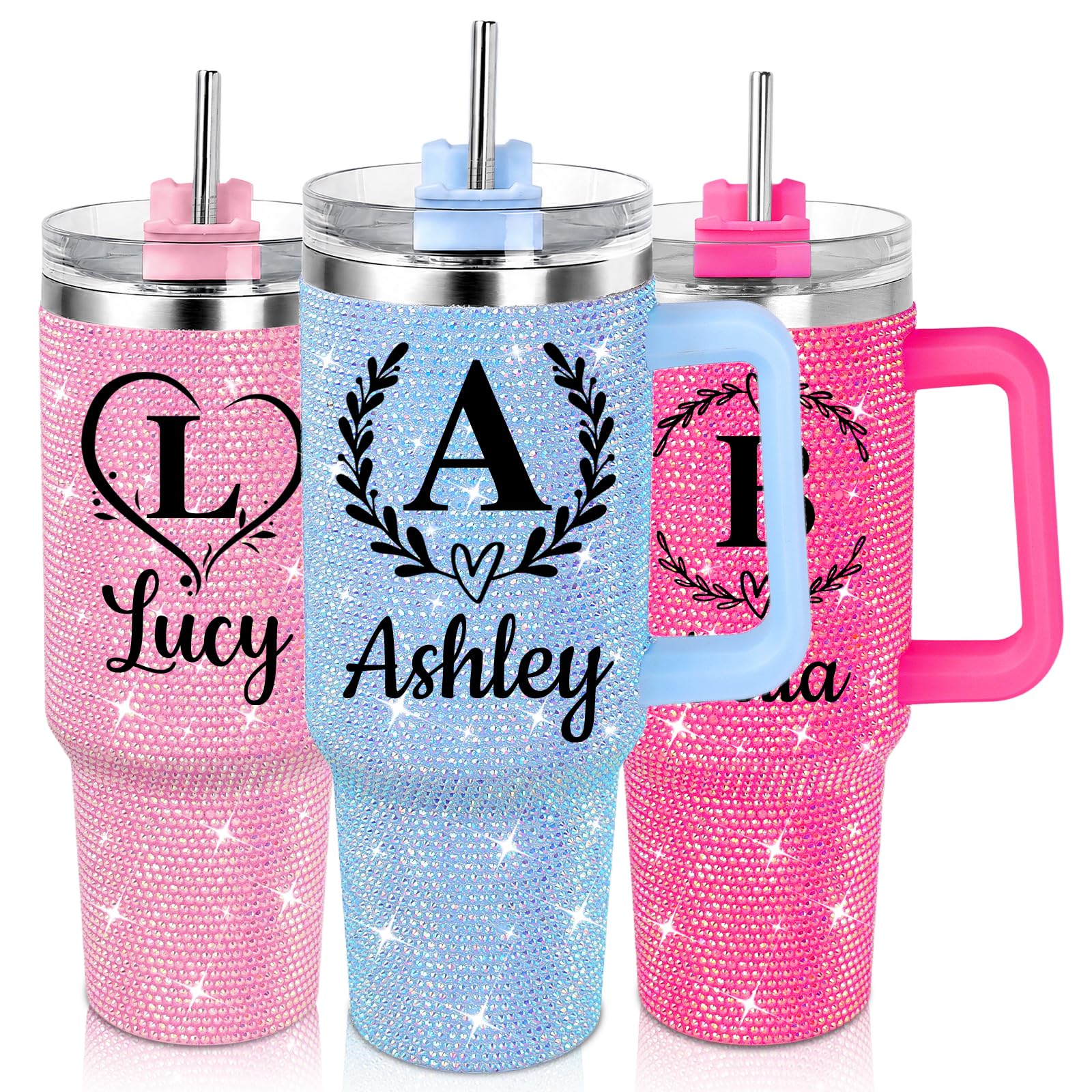 Elemtansy Personalized Rhinestone Bling 40 Oz Tumbler with Handle for Women | Cu