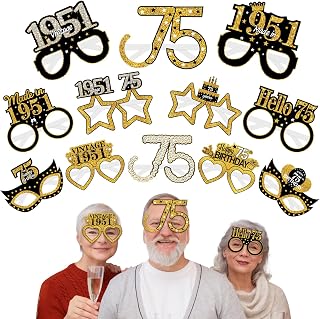 Turypaty 24Pcs 1951 75th Birthday Paper Glasses Decorations for Men Women - Black Gold Happy 75th Birthday Paper Eyeglasses Photo Props, Vintage 1951 Seventy-five Years Old Birthday Party Supplies