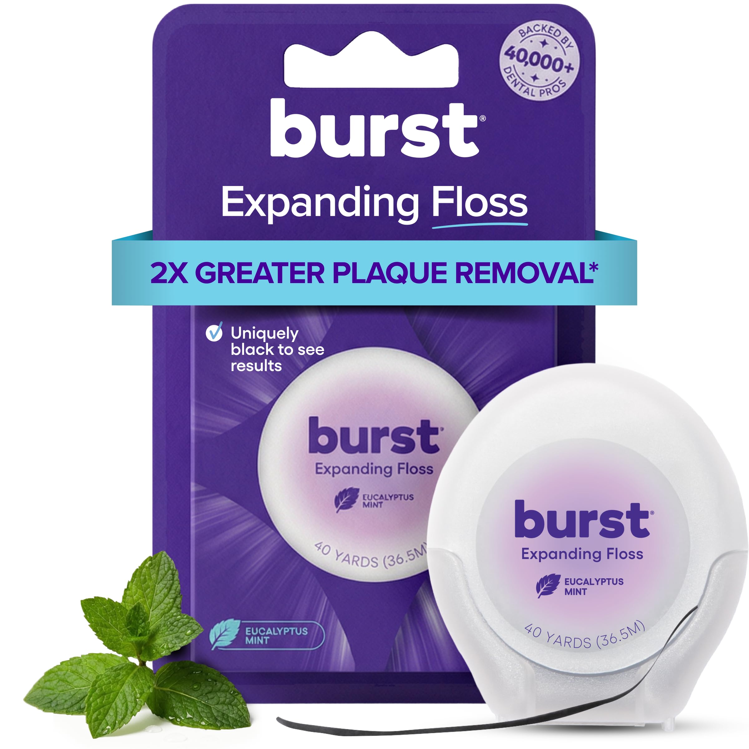 BURST Expanding Dental Floss (Mint Eucalyptus/40 Yards) | Stain Absorbing | Wove