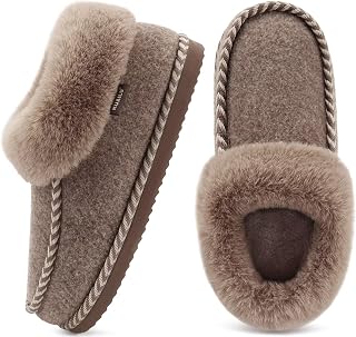 KuaiLu Women's Plush Fur Lined Felt Slippers Warm Closed Slippers Comfort Memory Foam Slippers Non-Slip Sole