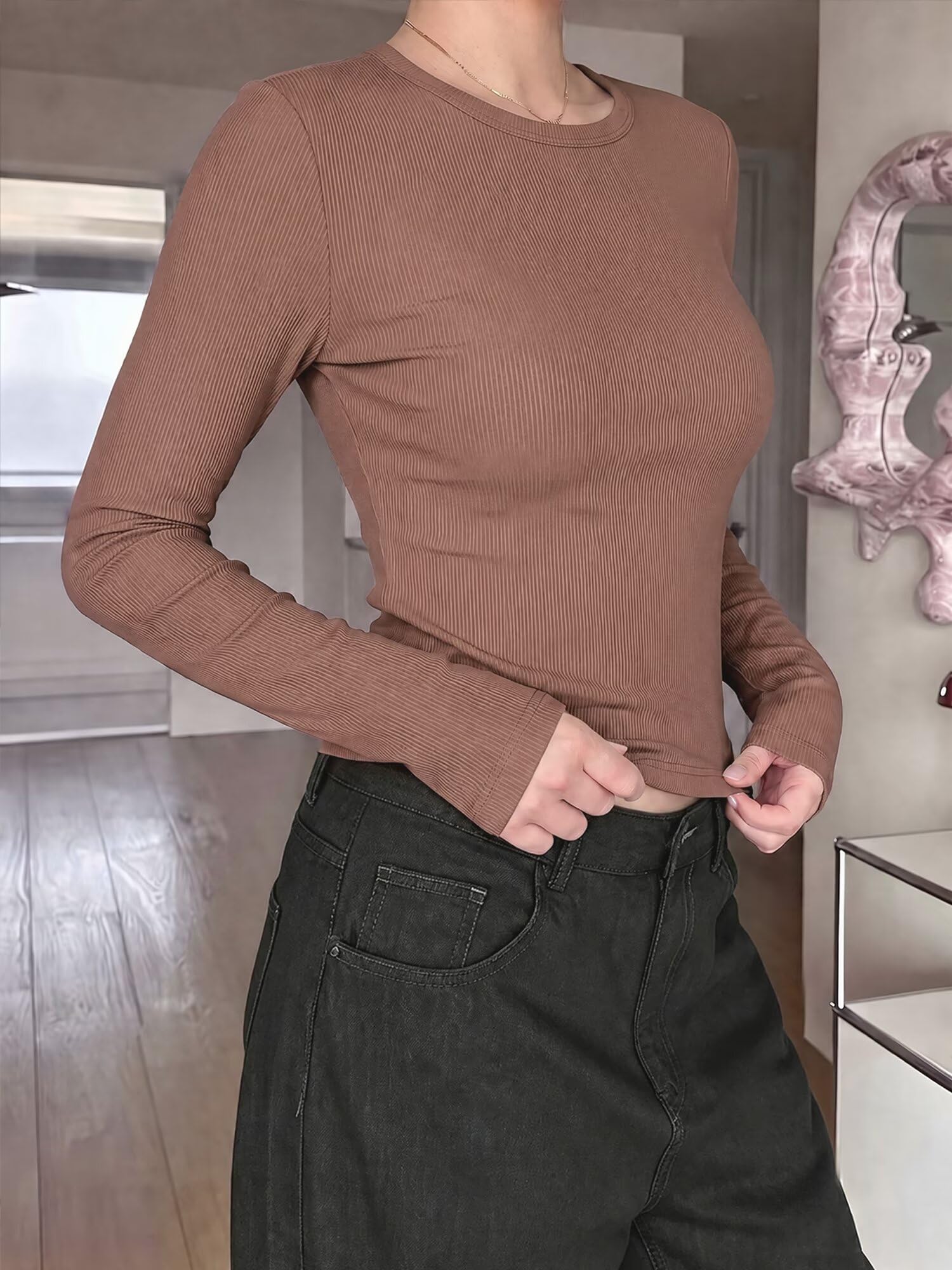 Women's Casual Chic Sweatshirt Ribbed Knit Slim Fit Long Sleeve Pullover