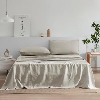 EVERLY Linen Double Bed Sheet Set 100% Linen French Stonewash 4 Piece Set (1 Flat Sheet, 1 Fitted Sheet, 2 Pillowcases) Suitable for Hot Sleepers, Bedding Set