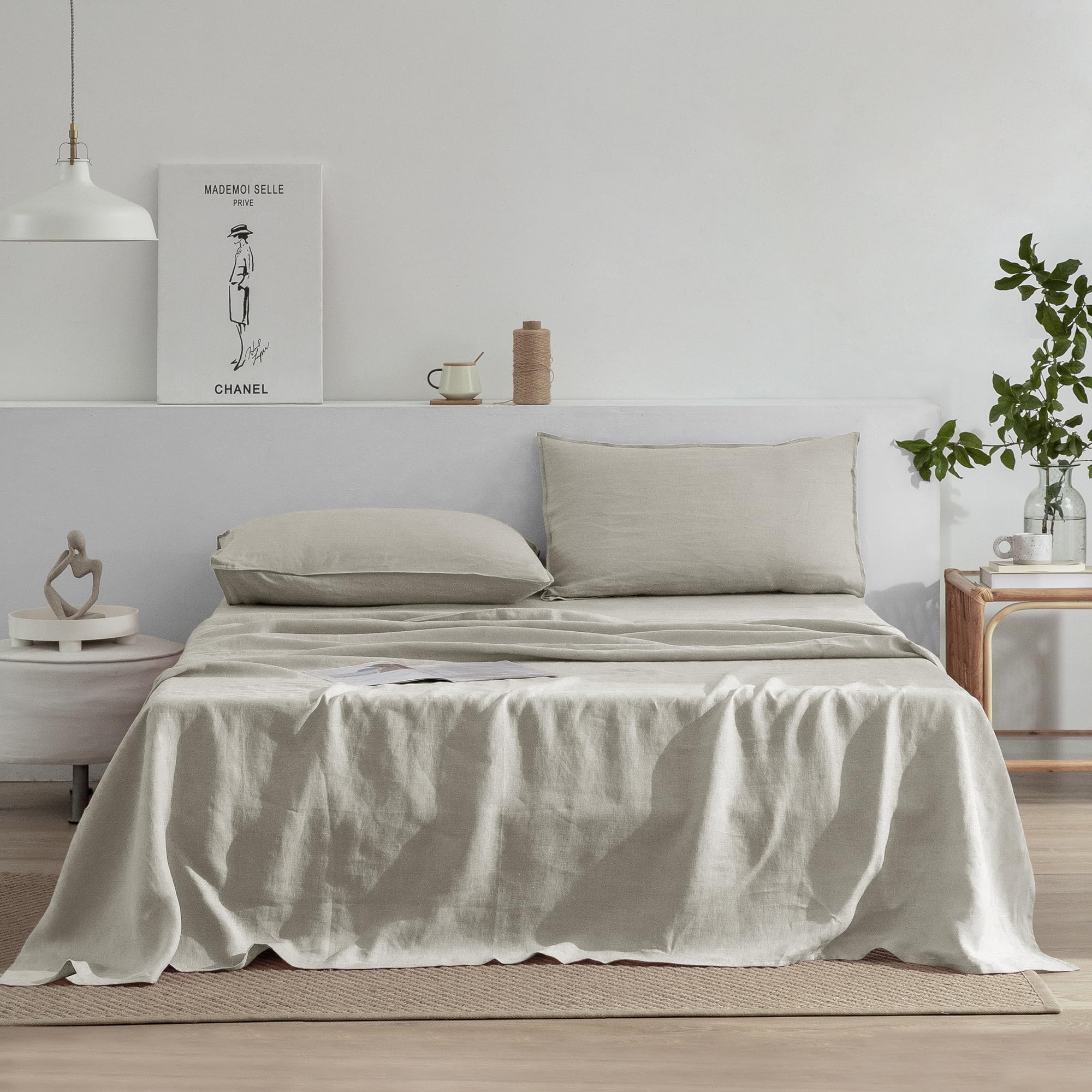 EVERLY Linen Double Bed Sheet Set 100% Linen French Stonewash 4 Piece Set (1 Fla