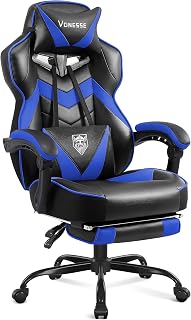 Vonesse Gaming Chair, Reclining Gaming Chairs with Footrest and Massage, High Back Gaming Chairs for Adults with Pocket Spring Cushion, Big and Tall Computer Chair with Lumbar Support (Blue/Black)