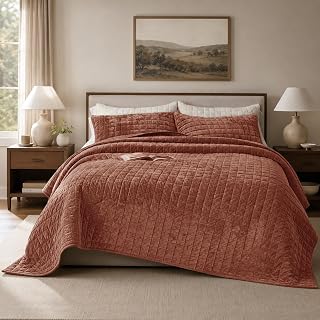 Quilt Set California King Size 106x118 Luxurious Velvet Bedding Sets with 2 Pillow Shams 20x36 3 Pieces Ultra Soft Quilted Bedspread Coverlet Comforter for All Season, Rust