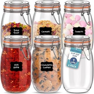 HEFTMAN Clip Top Glass Jars Set of 6, 1L - Airtight Glass Jars with Lids