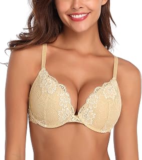 Deyllo Women’s Push-Up Bra, with Lace, Comfortable Padded Underwired Bra, Lifts and Enhances by One Cup Size