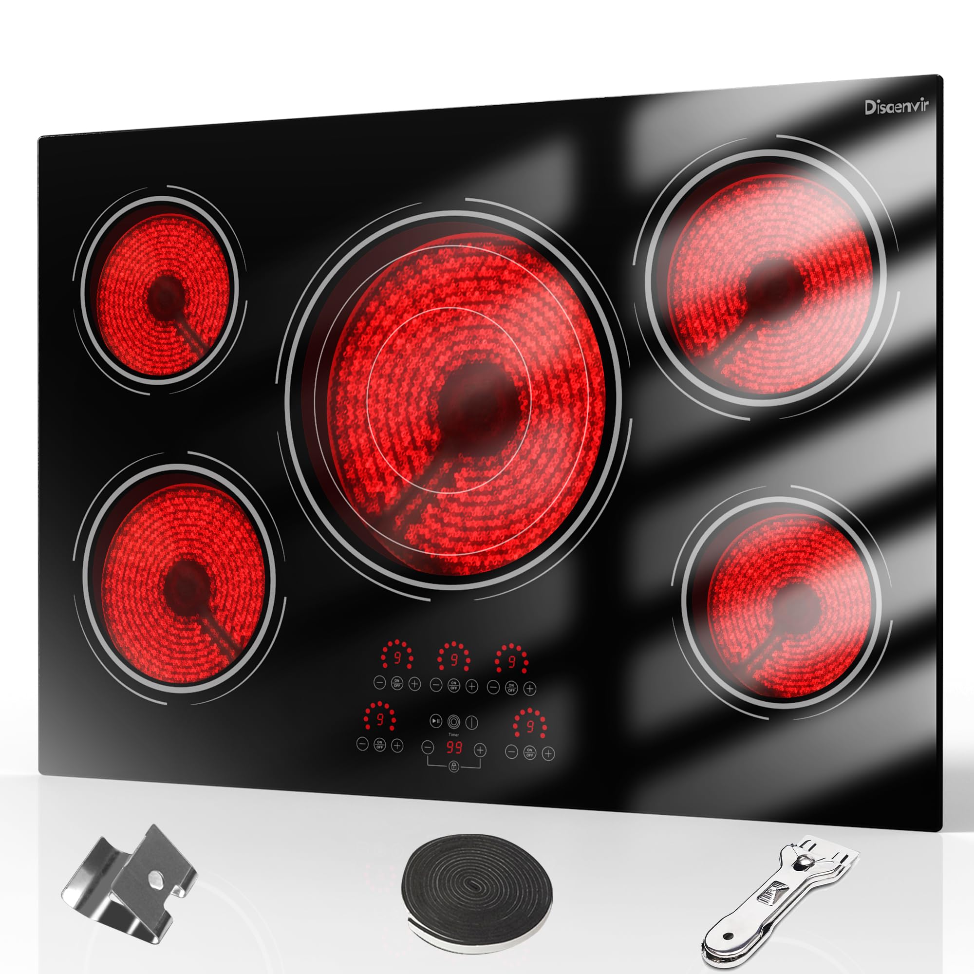 Disaenvir 30 Inch Electric Cooktop 9000W Built-in 5 Burner 240V Hard Wired | Cut