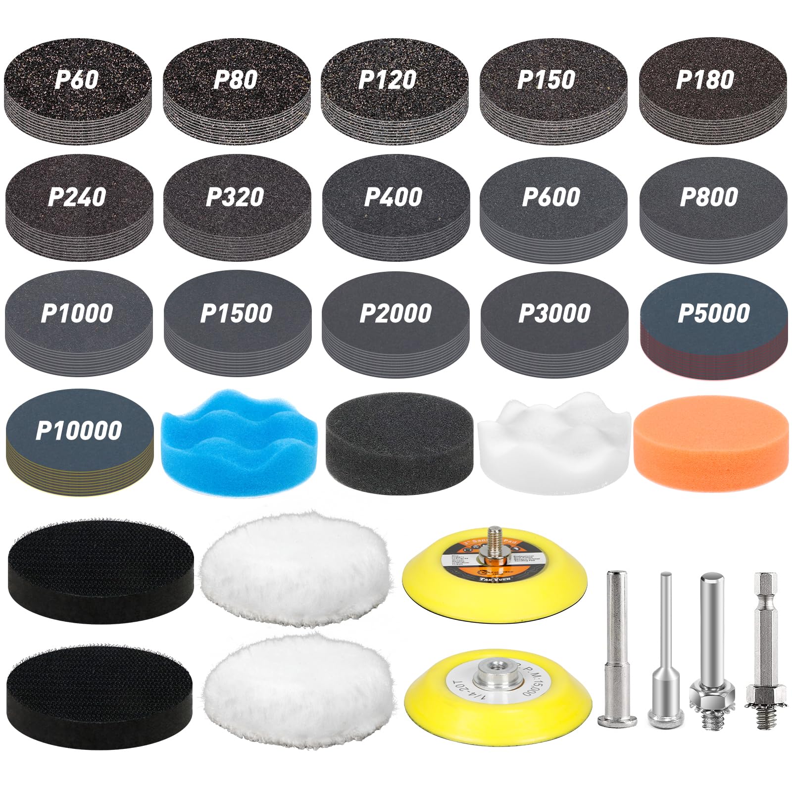 Pukamam 174 PCS 3 Inch Wet Dry Sanding Discs 60-10000 Grit Assorted | Hook and L