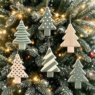 6 Pcs Christmas Tree Hanging Ornaments Minimalist Patterns (Polka Dots, Stripes) in Neutral Shades Ideal for Winter Home Decorations, Party Favors and DIY Christmas Decorations