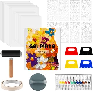 Faccito 12 x 14 Inch Gel Printing Plate Kit, Complete Printmaking Set | Complete Set with Brayer, Paper, Paint, Scrapers, Stencils, Sponge, For Mixed Media Art, Monoprinting, Card Making