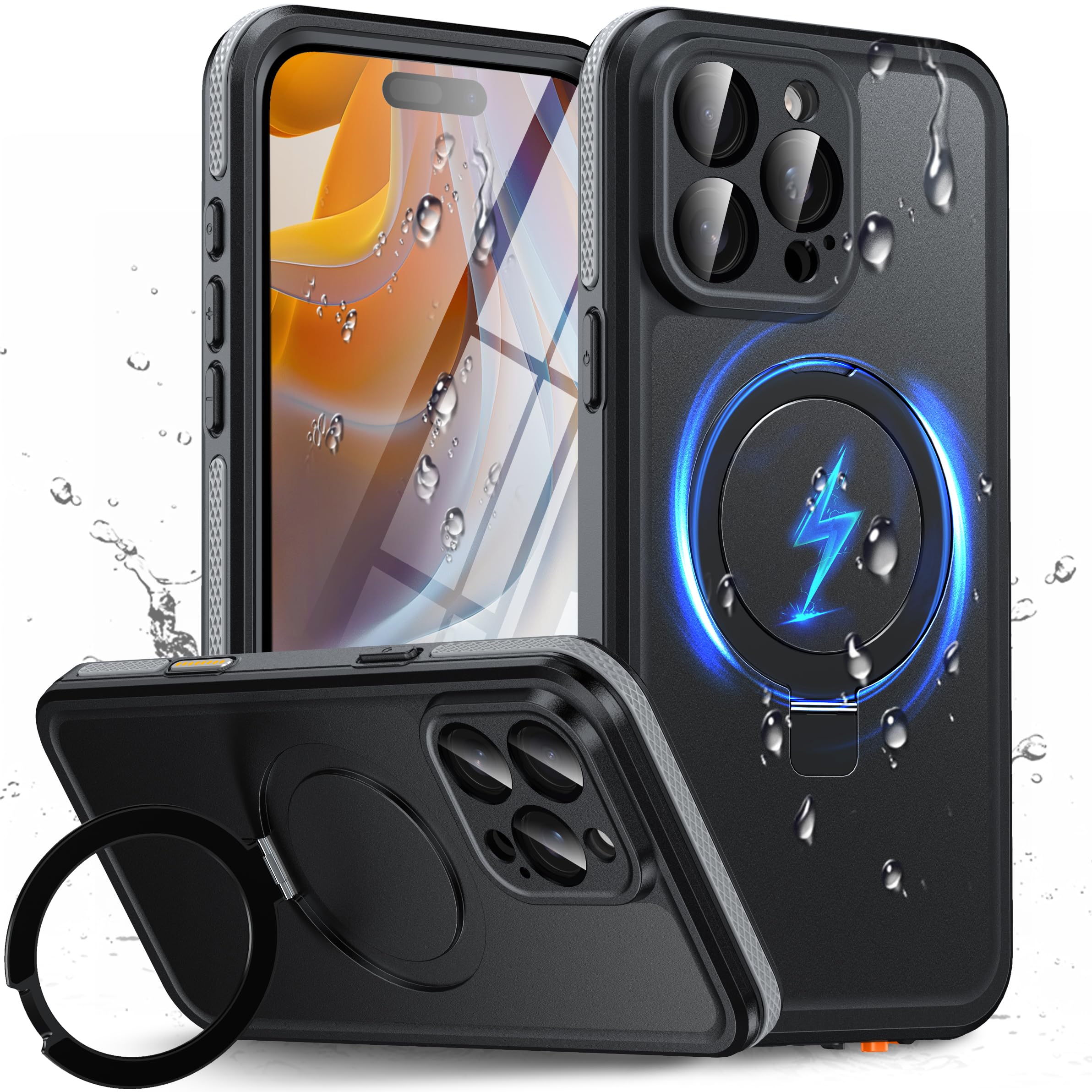Oterkin Magnetic Stand for iPhone 15 Pro Max Case Waterproof IP68, Black