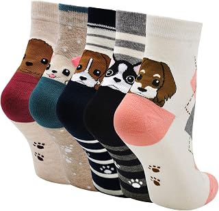 Women's Novelty Cotton Socks with Animal Motif Dog and Cat 5 Pairs (Size 35-42, Puppie), Puppy, 35-42