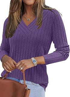 PLOKNRD Women's Sweater Lightweight V-Neck Long Sleeve Elegant Knitted Pullover Casual T-Shirt