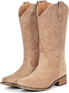 IUV Cowboy Boots For Women Square Toe Wide Suede Western Mid Calf Cowgirl Boot