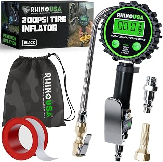 Rhino USA Digital Tire Pressure Gauge with Inflator (0-200 PSI) - 2in Dial | Heavy Duty Air Chuck & Compressor Accessories. Stainless Braided Hose, Large 2in Dial, Solid Brass Hardware.