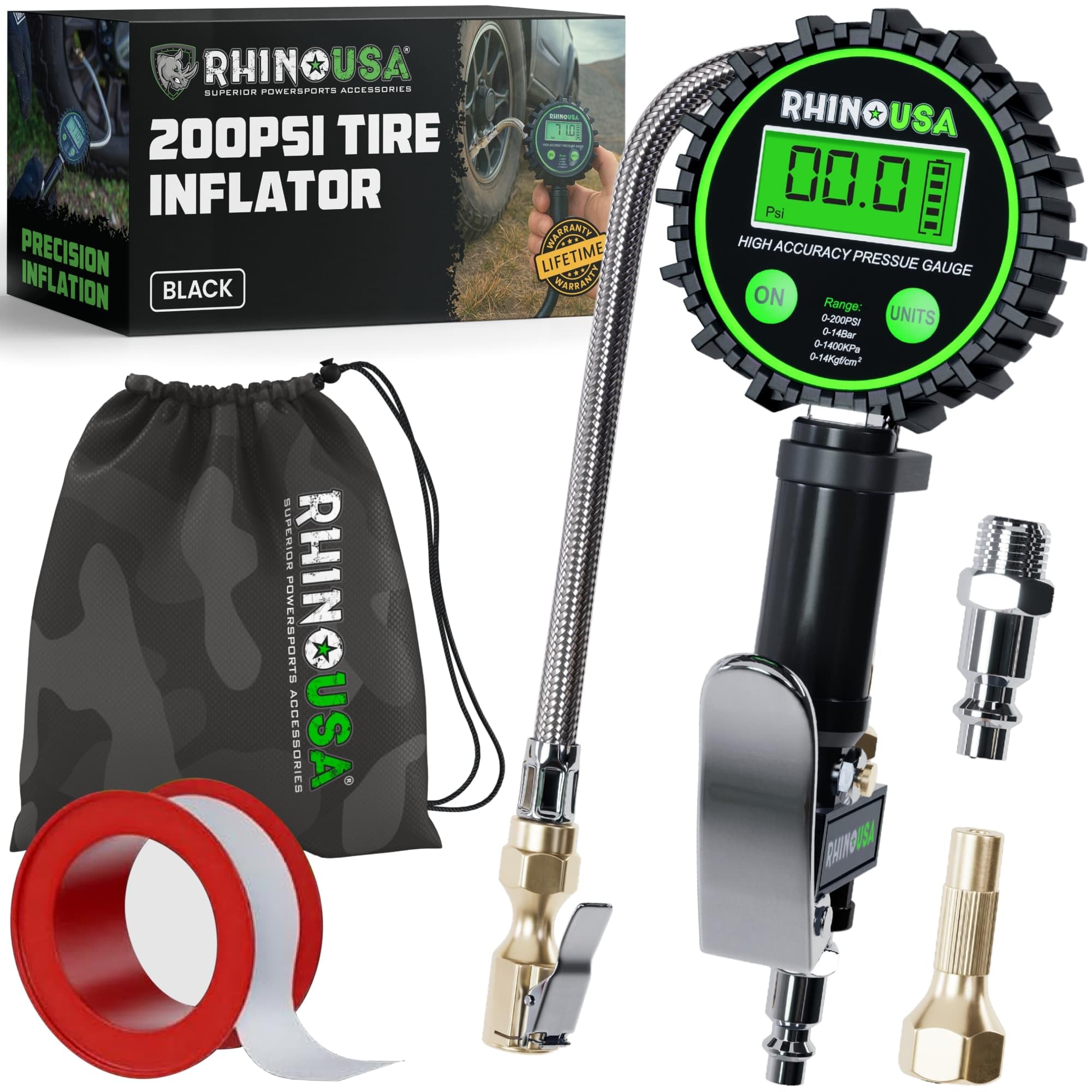 Rhino USA Digital Tire Pressure Gauge with Inflator (0-200 PSI) - 2in Dial | Hea